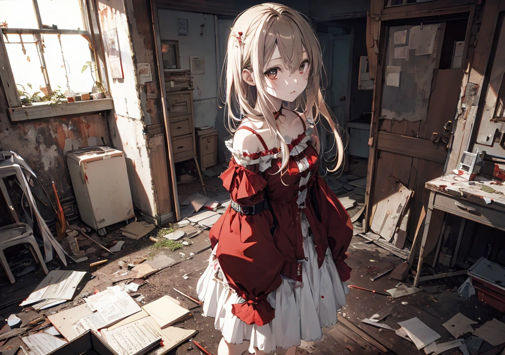 Realistic photos, Focus distance 10mm, Red and white, Beautiful girl, Realistic photos, Shooting at focus distance 10mm, masterpiece, 最high quality, high quality, Very detailed CG 8k wallpaper unit, Award-winning photography, Depth of written boundary, High resolution, bloom, chromatic aberration, Realistic, Very detailed, Art Station Trends, CGsociety Trends, Complex, High detail, dramatic, Art on the go, volumetric lighting, Beautiful zombie girl standing in an old abandoned mansion, with bloody clothes and a bruised face