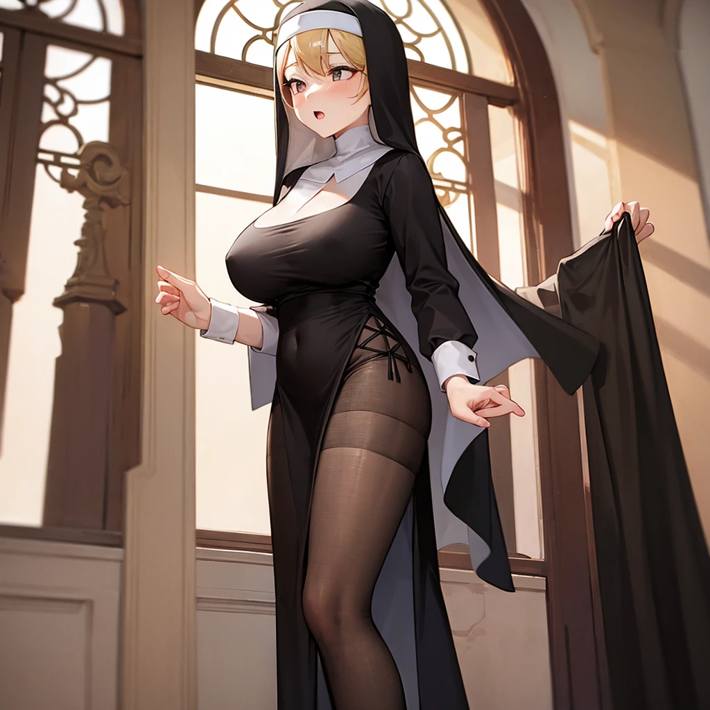 (solo 1 praying cute nun:1.3) standing in church, (praying with holding hands together over chest), very thin, (black sheer long dress:1.5), (gigantic breasts:1.3), (bursting perky breasts:1.2), (black sheer see-through tight-fitting plunging deep-v provocative long skirt:1.4), inconceivably thin waist, closing eyes, nose blush, open mouth, (heavy breathing:1.2), stained glass, full body, 8k, ultra-detailed, masterpiece, beautiful detailed hair