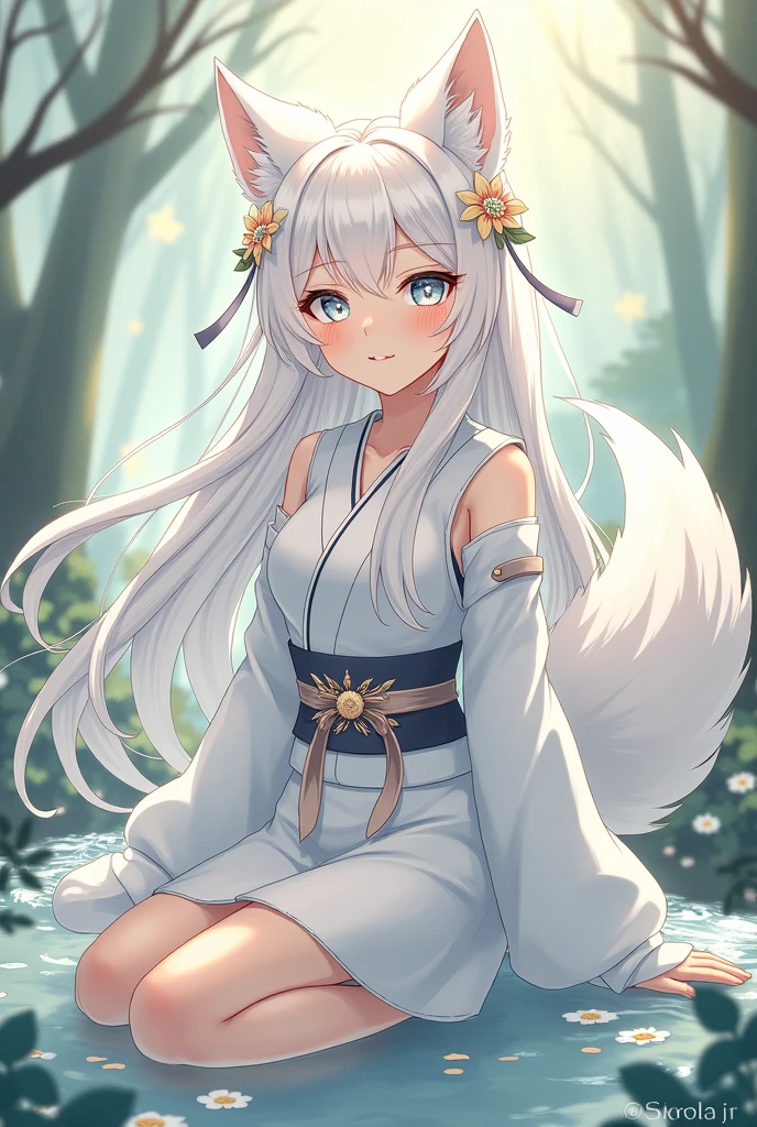 Please, a cute Japanese person with white hair!
Her hair is long and her eyes are white with flower-shaped highlights.!
I'd like some wolf ears and a tail too!
