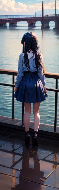 1 chico, 1 girl,blush, one side up,Blue dress,black blouse,autumn,Long girl hair,blue hair girl,Blonde hair boy , Upper part of the body, outdoor,cloudy,railing,Bridge, (girl hugging boy:1.2),(hetero,hug from behind:1.2), 
