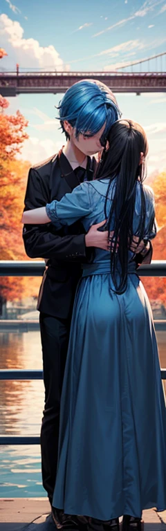 1 chico, 1 girl,blush, one side up,Blue dress,black blouse,autumn,Long girl hair,blue hair girl,Blonde hair boy , Upper part of the body, outdoor,cloudy,railing,Bridge, (girl hugging boy:1.2),(hetero,hug from behind:1.2),