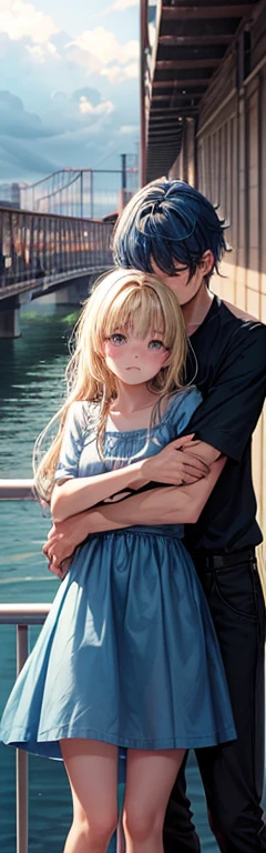 1 chico, 1 girl,blush, one side up,Blue dress,black blouse,autumn,Long girl hair,blue hair girl,Blonde hair boy , Upper part of the body, outdoor,cloudy,railing,Bridge, (girl hugging boy:1.2),(hetero,hug from behind:1.2),