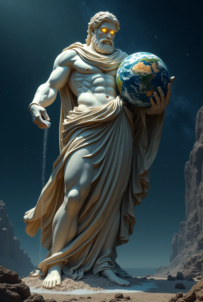 Une sculpture grecque masculine géante avec une toge qui tient dans sa main la planète Terre et elle verse du sel avec son autre main sur la Terre. Dans le vide spatiale avec des étoiles etc...
La statue a des yeux jaunes brillants et est bienveillante