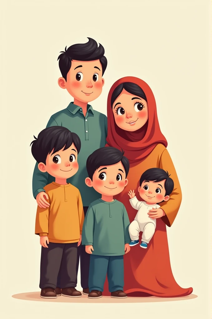 ((best quality)), ((masterpiece)), (detailed), cute cartoon An asian muslim family consisting of a father and mother with their three sons. Two toddlers and a baby. The first son is , the second son is 5 years oldhird son is a 4-month-old baby.