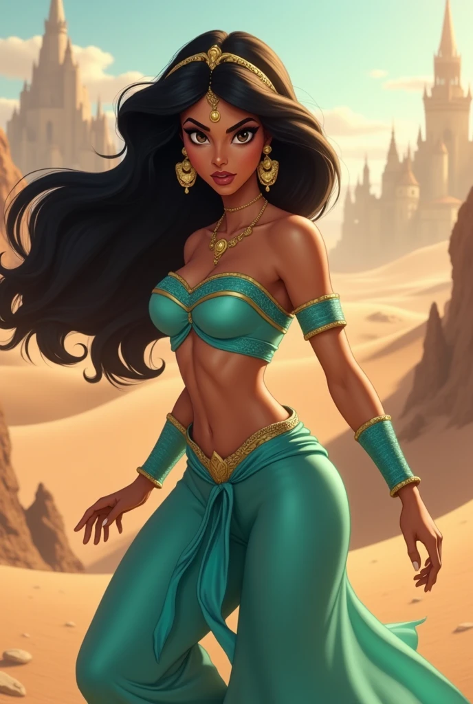 Stunning Princess Jasmine, photo in 8k, in action, cinematic.