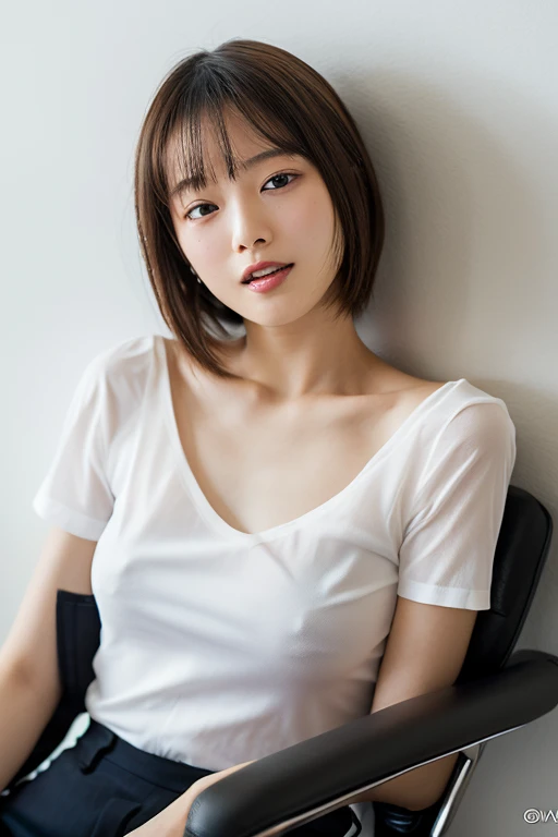 lens: 135mm f1.8,(Highest quality), (Beautiful 14 year old Japanese girl), (Moisturized lips), Narrow eyes, double eyelid,Delicate clavicle,Flat Chest,Very short hair,
(Let me me me me'Let me me me'Let me me'Let me'Let's take another look), shame, A faint smile,
(In front of a white wall:1.2), Professional Lighting,
(Japanese 、Sheer white T-shirt), (Sunburned skin:0.2),Full body photo、Full Body Focus、Sit upright in a chair、Beautiful legs、Aligned feet、Ecstasy face、Having an orgasm、Squint your eyes