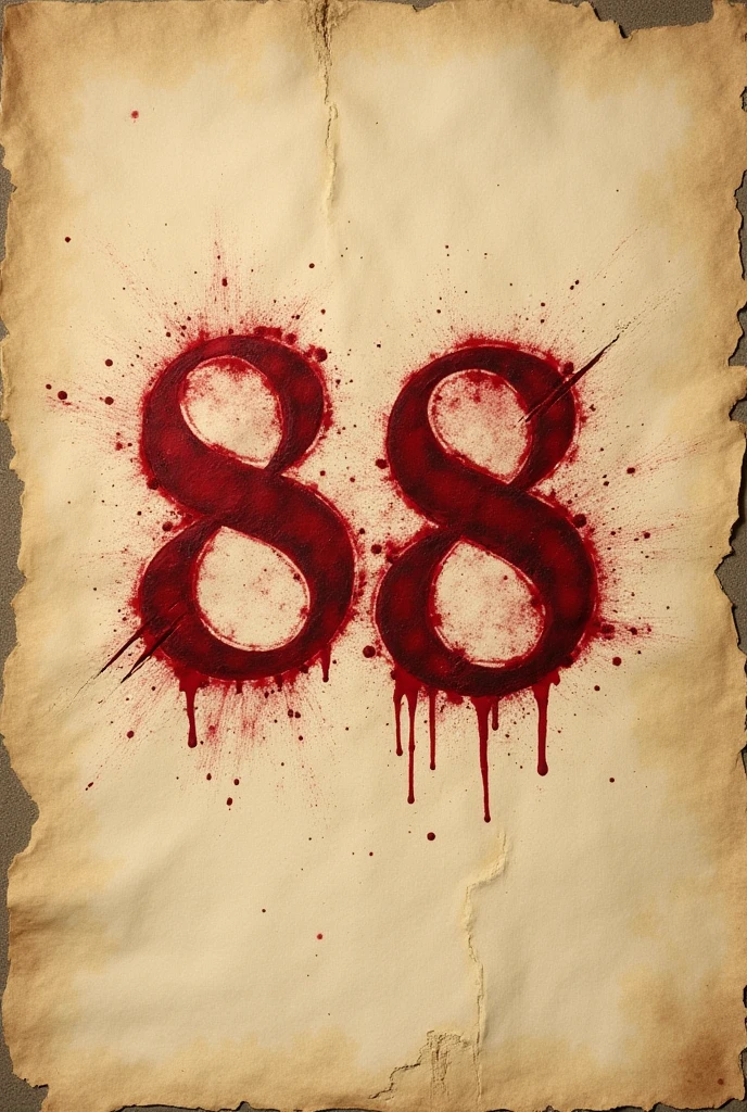 GIVE ME AN OLD PARCHMENT-TYPE PAPER WITH THE WRITING 888 COMING OUT OF THE MIDDLE 8 WITH BLOOD