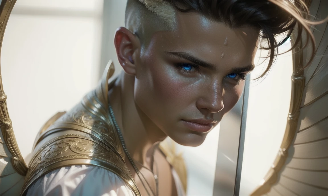 [((highly detailed, detailed eyes, detailed face, clear and realistic facial features, photorealistic, realistic light, cinematic)), (1 man), (((((Gorgeous perfect sexy powerful masculine male angel))))), (((two wings coming from his back))), ((faint halo)), ((((short blond hair, faintly glowing eyes with white iris)))), ((35 years old)), ((wearing flattering angelic clothes)), (((aura of divine power))), standing in a cozy apartment at nighttime, ((light blush)), (((wearing a clearly indignant expression)))]