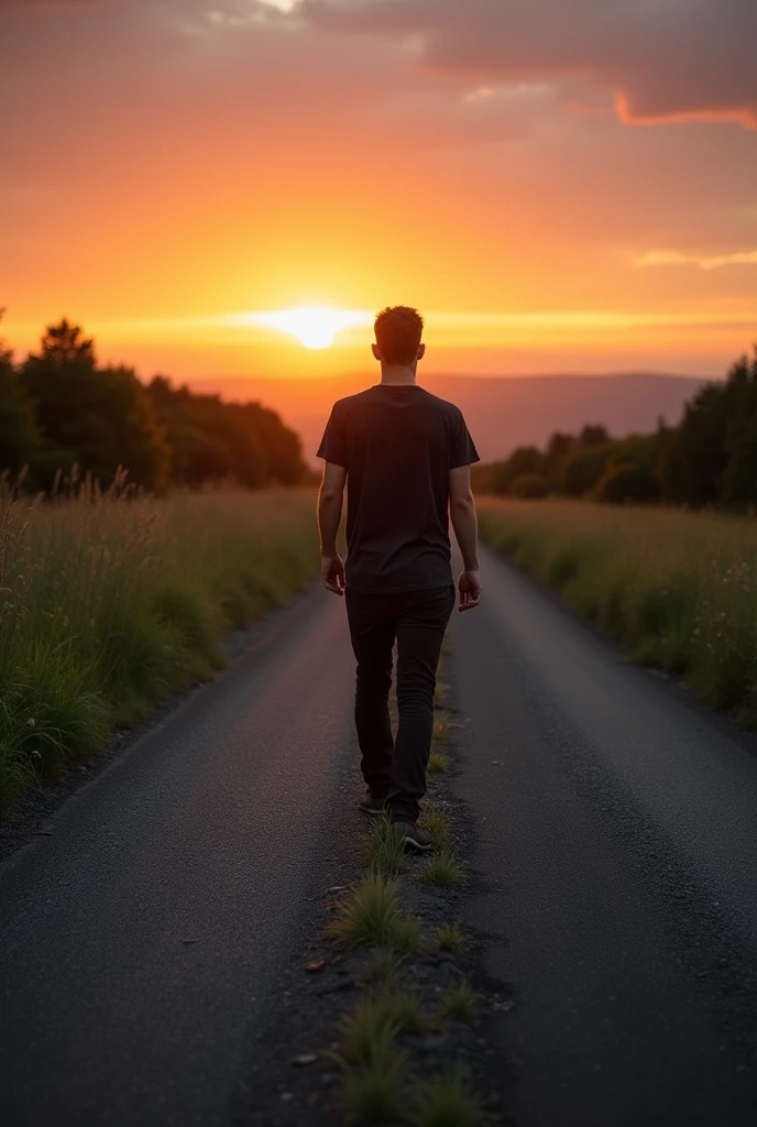 In the wilderness at sunset, a man walks quietly on the asphalt road leading to the distance. There are green grasses on both sides of the road. He tries to hide his loneliness.