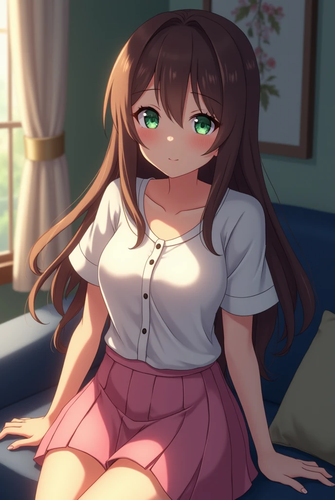 beautiful woman, ((portrait)), ((detailed face:1.2)), ((anime Лицо, anime черта лица, Clean skin, глянцевые anime губы, Clean skin), (long beautiful straight slightly curled hair, brown-haired: 1.55), ((green eyes)) (perfectly proportional body, slim waist, narrow hips,, 2 bust size), arched back (wear a white short-sleeve button-down blouse, unbuttoned, (short pleated pink skirt:1.15), For Girls, (detailed living room background:1.1), on the couch, vacationist, ( Best quality, detailed), (8k wallpaper), (cinematic lighting, beautiful light, (night:1.3)) (Sharp Focus, difficult) ((( 2d, anime, ghibli style)))