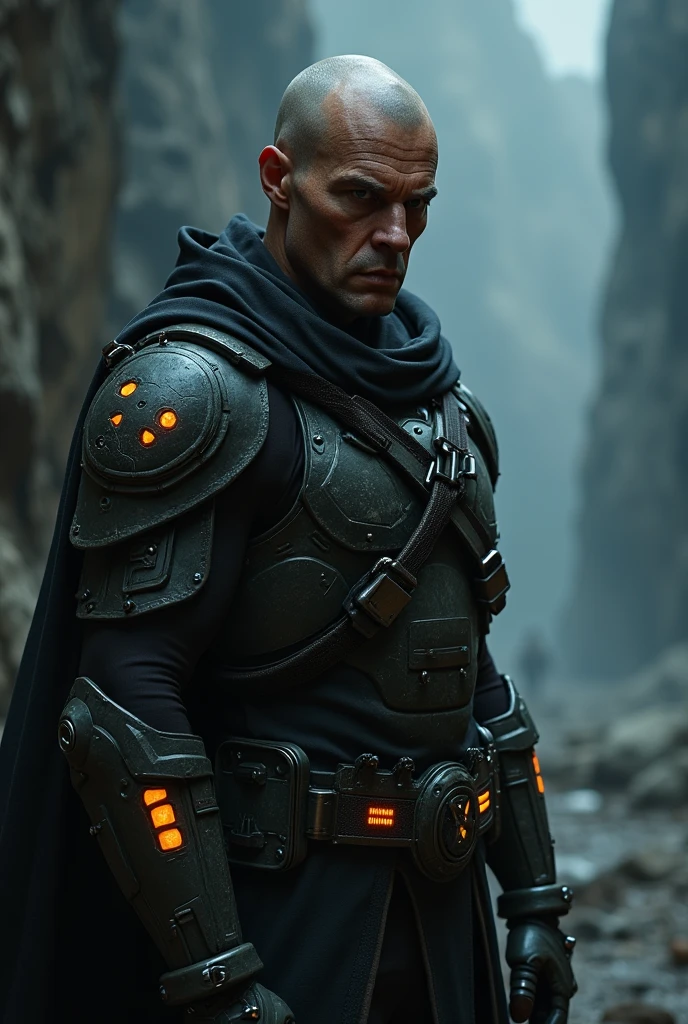 A highly detailed, photorealistic portrait of a futuristic warrior after a battle con sus armas en un ambiente dark, 8k, masterpiece, striking pose, intense gaze, battle-worn armor, glowing cybernetic enhancements, dramatic lighting, cinematic atmosphere, moody color palette, chiaroscuro lighting, hyper-realistic skin textures, intricate details, volumetric fog, dramatic shadows, epic science fiction, concept art style