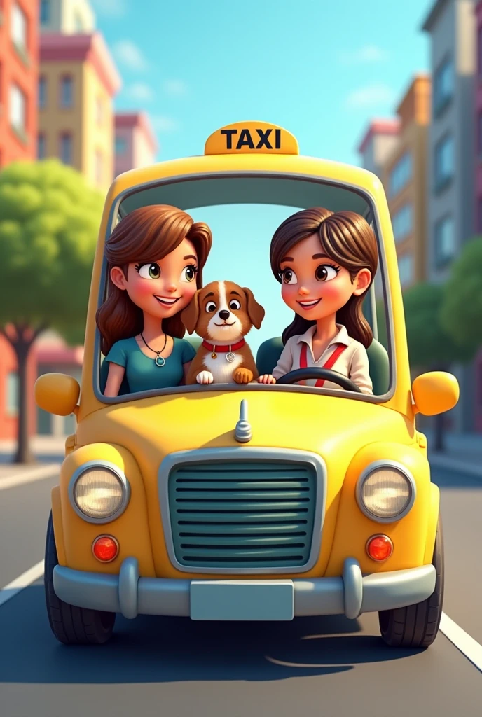 an image in cartoon of pet taxi where is two person and 1 dog in frame. the dog sitting nicely with the female owner and driven by female driver, they talk each other with smiling