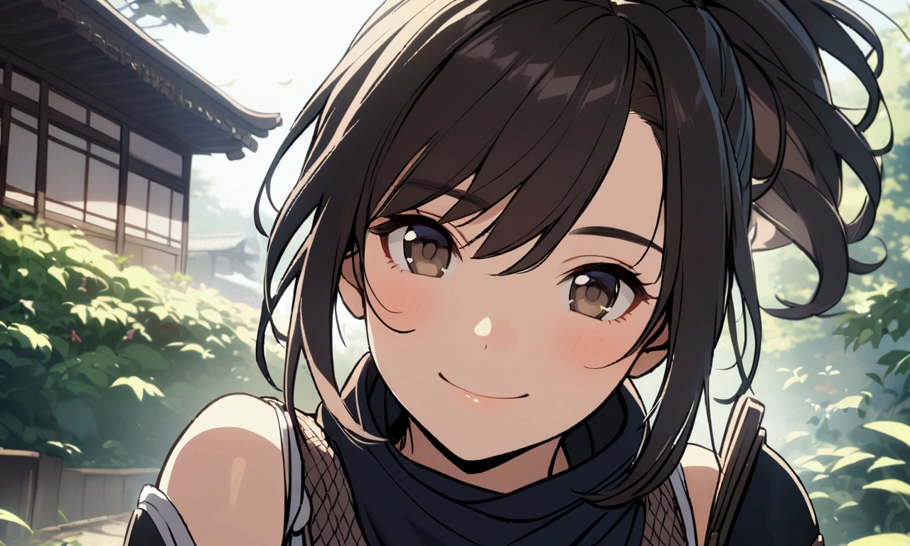 dark hair, female, white breath, breasts, girl, ponytail hair, young face, ninja, smile