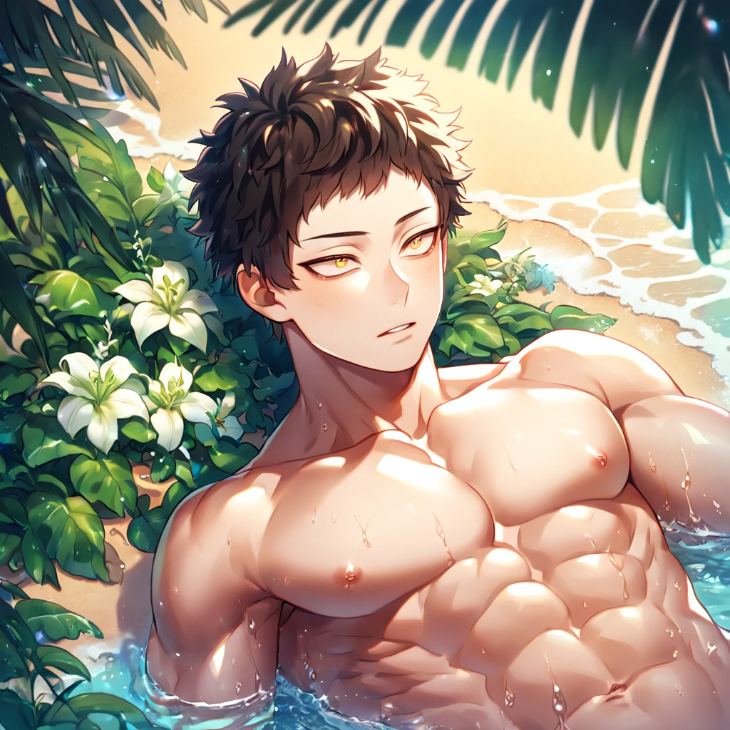 absurdres, highres, ultra detailed, HDR, master piece, Overhaul, dark brown hair, short hair, short bangs, long eyelashes, expressive golden eyes, without shirt, Boku No Hero Academia, toned chest, bare chest, sexy man, handsome, best quality, beach, fantasy, magical, solo, water, sensual, horny, green leaves, flowers, manly man, close up
