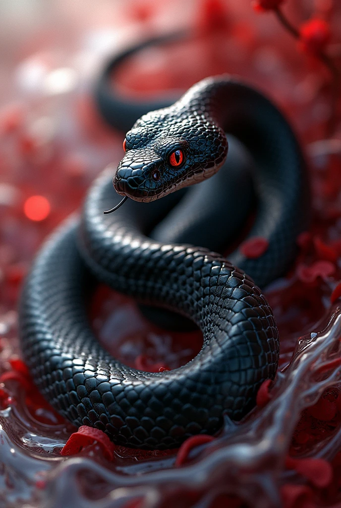 Beautiful black snake with white and red in the background