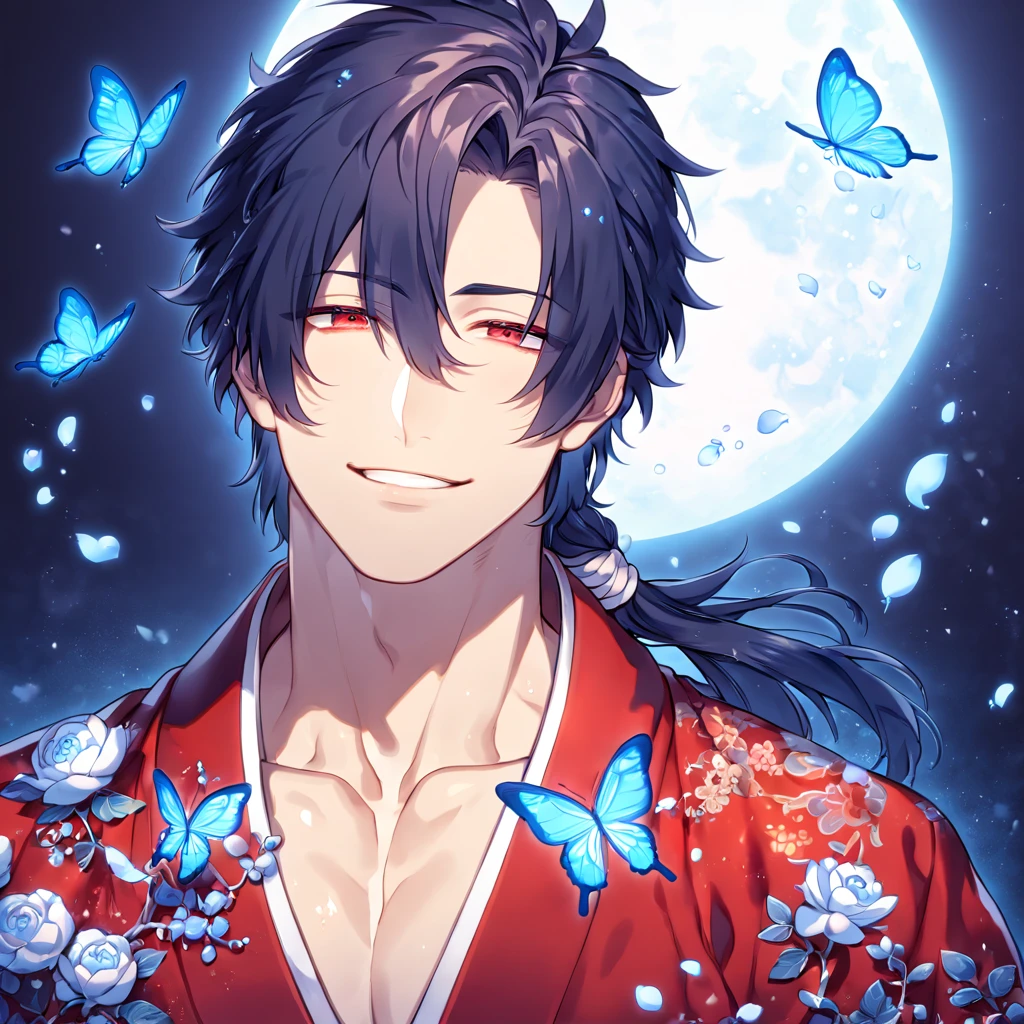 absurdres, highres, ultra detailed, HDR, master piece, best quality, extremely detailed, Koujaku, dark navy hair that is short and a little chopped at the top, has a thick fringe over the right side of his face and keeps the rest tied, expressive red eyes, Dramatical Murder, solo, sexy man, handsome, handsome smile, manly man, sensual, horny, red kimono, patterns, fantasy, magical, blue moon, blue flowers, blue butterflies, blue petals, blossoms, water