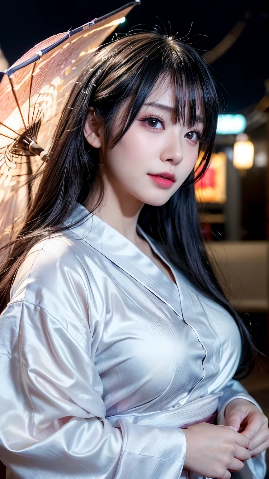 (logo、masterpiece、8k、Tabletop、RAW Photos、wonderful、最high quality、フォトリアリスティックでVery detailedな CG 複合 8k 壁紙、high quality、Very detailed、Narrative poem、Particle Effects、Dynamic Effects、Depth of the Boundary、Cinematic Light、Lens flare、Ray Tracing)、 (One beautiful woman wearing a yukata、White yukata、Light purple pattern)、Black-haired、High definition skin、Very fine、Fine skin texture、Beautiful Face、True Face、Beautiful details in the eyes、Realistic eyes、Beautifully detailed eyes、Realistic Skin、Beautiful Skin、Surreal、Smiling Eyes、Hair and light eyes、vivid、Colorful lights and bokeh、plump lower lip、Pink Lips、Hair flutters in Wind、Hair bounces、wonderful景色、night、evening、Wind、moonlight、moonlight、light