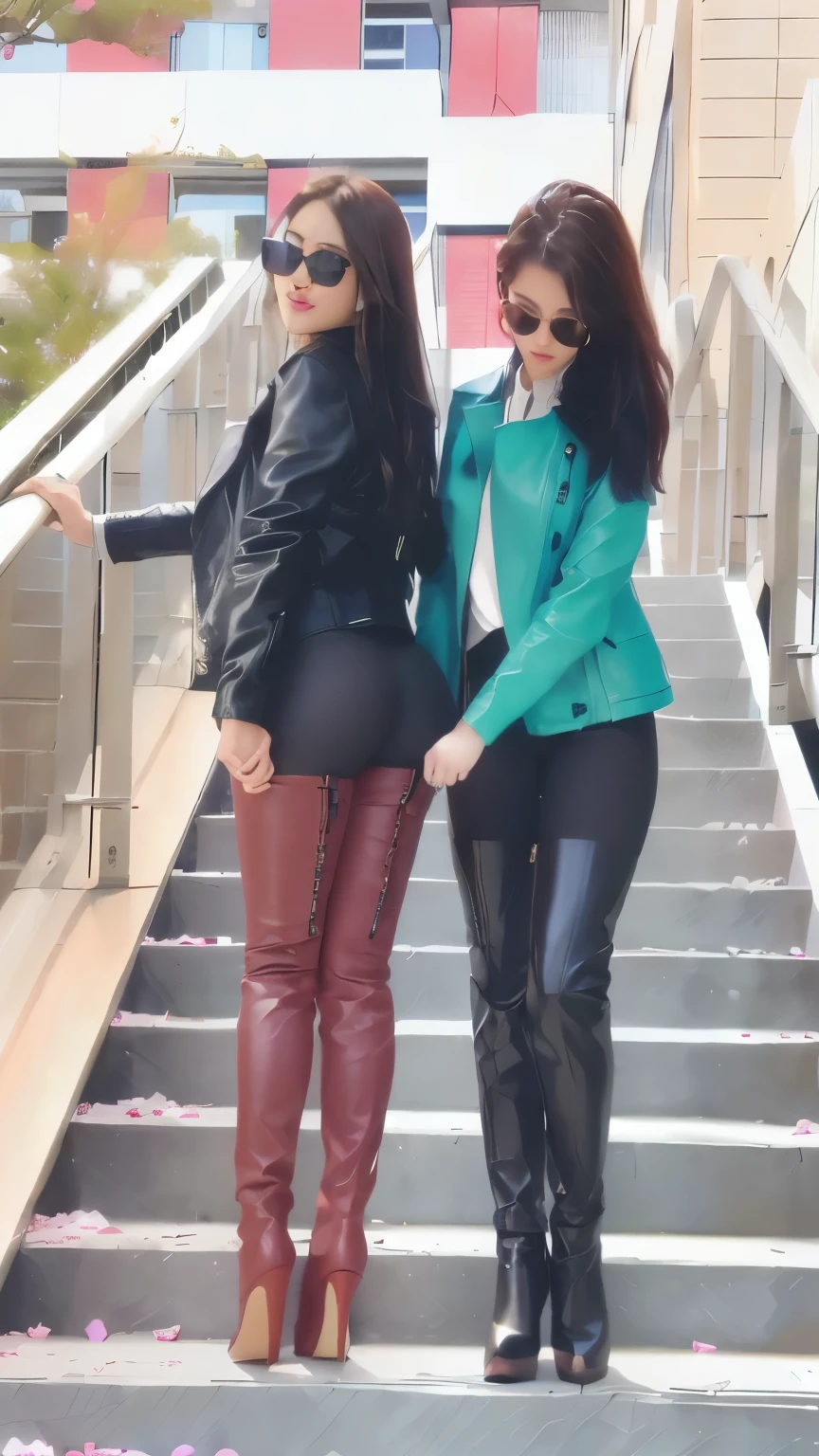 Two women wearing leather pants and jackets are walking down the stairs., tight clothes차림, Alena Anami and Lilia Alvarado, tight clothes, 검은색 tight clothes을 입고, Skin-tight leather clothes, tights; in the street, Wear simple, tight-fitting clothes, Very tall and slim, wearing a short leather jacket, Tall and slender, high boots