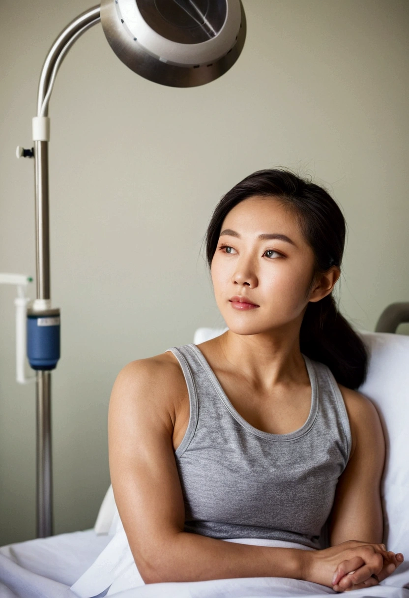 Beautiful 25 year old athletic asian woman wearing tank top lying in hospital bed. Muscular arms. photo taken from side