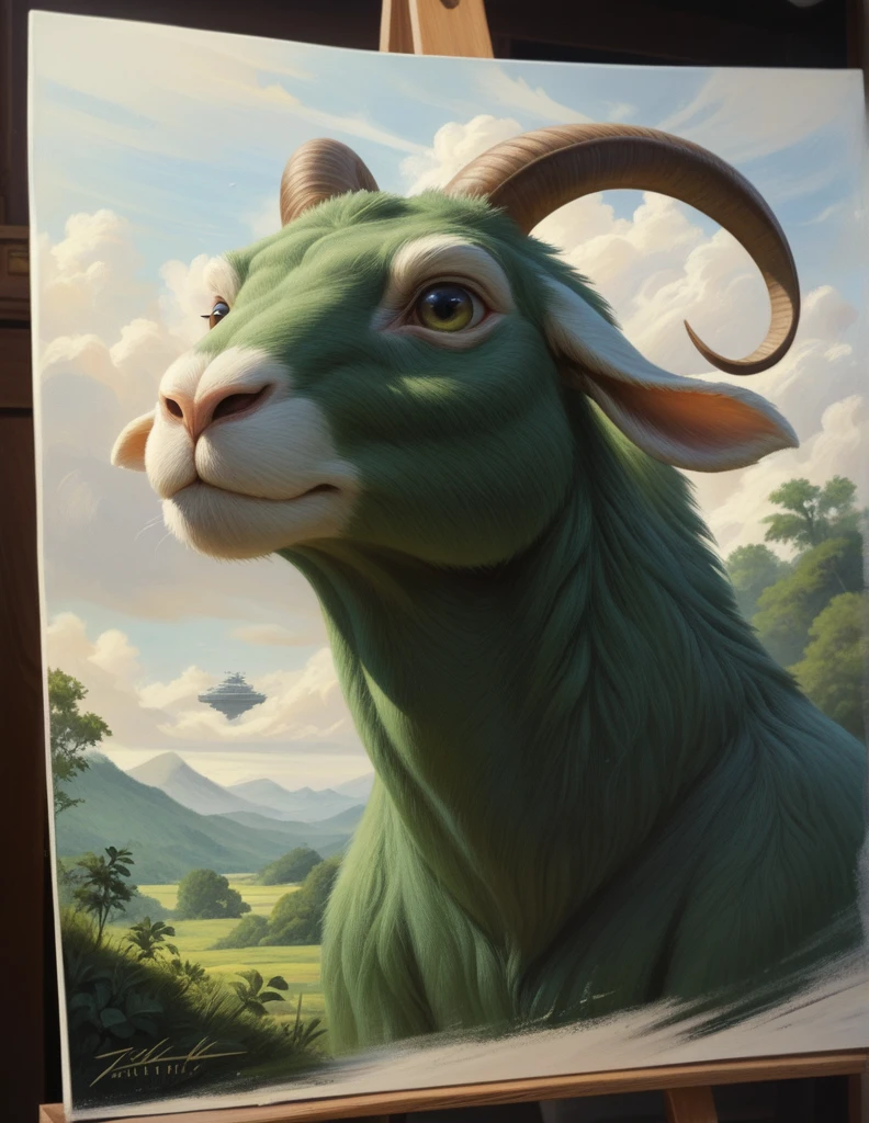 Green goat Cartoon vintage !!film!!, sharp focus, wide shot, zeiss lens, detailed, studio Ghibli, tim hildebrandt, digital painting, artstation, detailed concept art, illustration, wide shot, 4K, digital art,