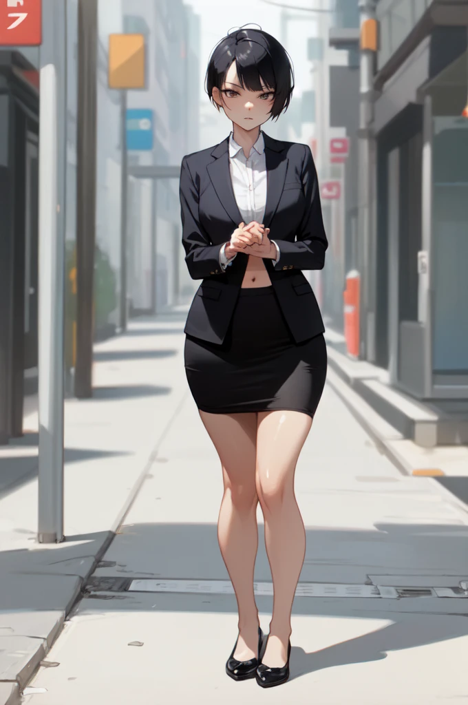 beautiful, (masterpiece), best quality, (extremely detailed face), extremely detailed eyes,  perfect lighting, OverallDetail, detailed, 1lady, solo, mature female, (black short hair), bangs, (suit), tight black blazer, (tight pencil_skirt), serious expression, pale, thick thighs, flatshoes, black footwear, wide hips, standing upright, full body shown, holding microphone, news reporter, outside in a busy street, busty, thick legs, thick thighs pressed together, asian woman, slim waist, flat stomach, hourglass bodyfigure, staring at camera, feet together 