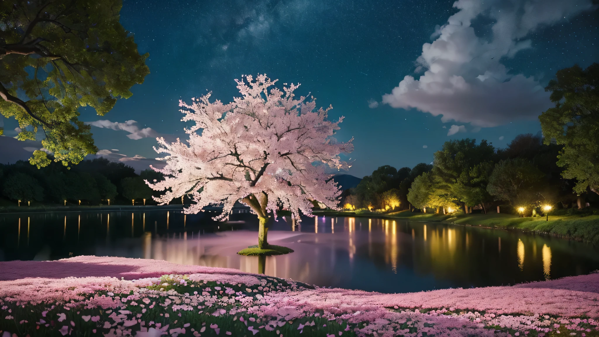 (magical pretty night null green stream overlay scene), (null), (cloud), Soft Light, Clean background, Beautiful views, masterpiece, high quality, Great graphics, Attention to detail, Spectacular views, garden, Flowers, cloud, (night starry null, Across the River, The huge old tree behind, Glowing pink petals fall behind you)