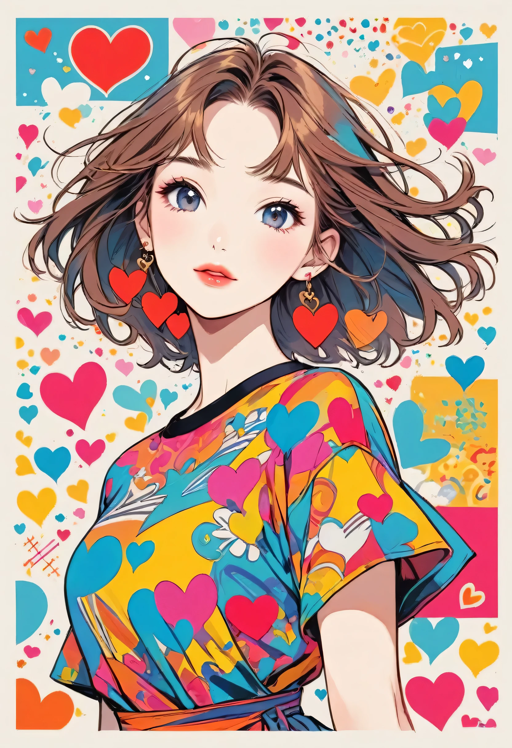 Keith Haring colorful style, Simple Line Initialism,Abstract art,(((The most beautiful girl of all time))), Sweet face. Lips in love, colorful hearts, stylish design, 夏のオシャレなTシャツ, 黒い瞳, walking, Paris