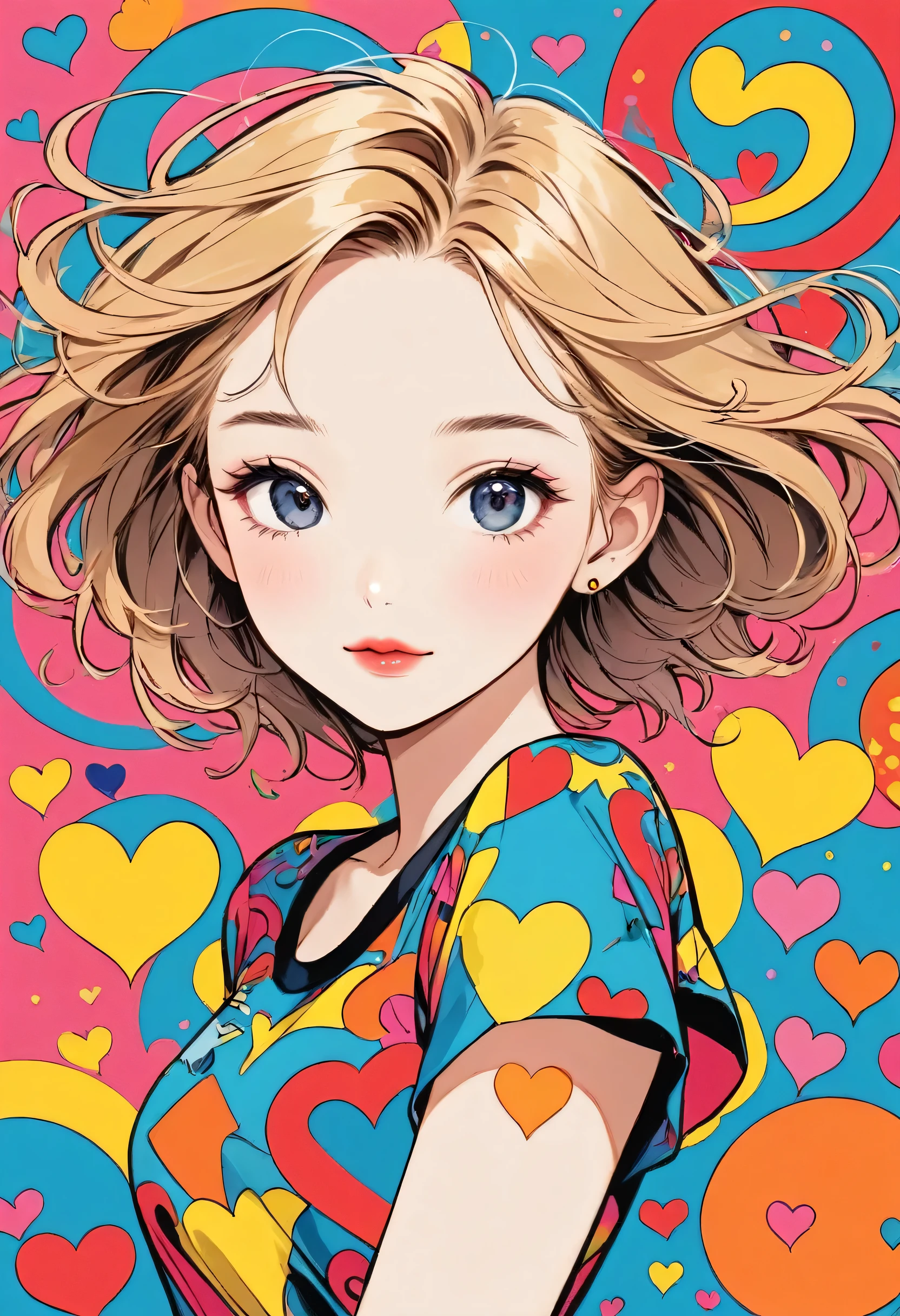 Keith Haring colorful style, Simple Line Initialism,Abstract art,(((The most beautiful girl of all time))), Sweet face. Lips in love, colorful hearts, stylish design, 夏のオシャレなTシャツ, 黒い瞳, walking, Paris