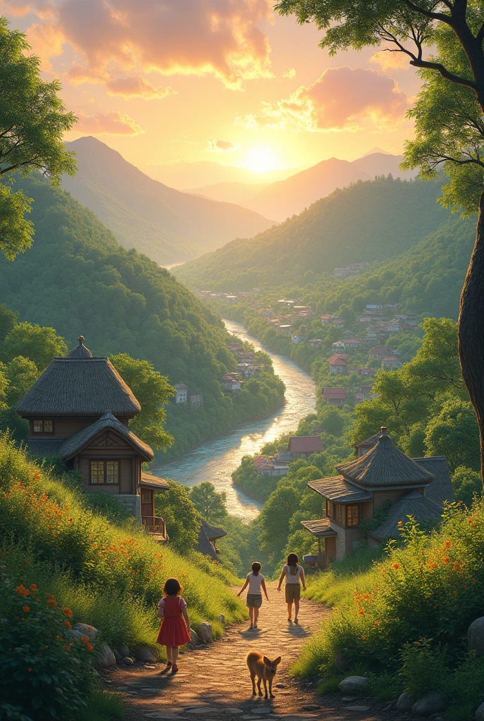 (photorealism:1.2),beautiful nature, sun rise, small village, animal, children playing, people going work