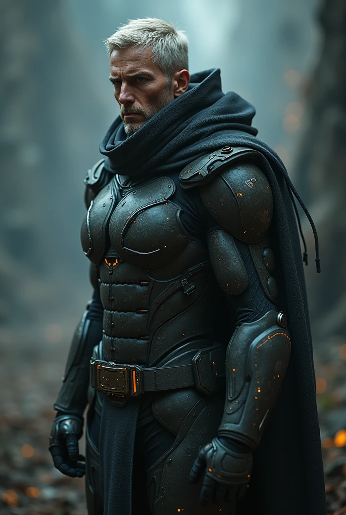 A highly detailed, photorealistic portrait of a futuristic warrior after a battle con sus armas en un ambiente dark, 8k, masterpiece, striking pose, intense gaze, battle-worn armor, glowing cybernetic enhancements, dramatic lighting, cinematic atmosphere, moody color palette, chiaroscuro lighting, hyper-realistic skin textures, intricate details, volumetric fog, dramatic shadows, epic science fiction, concept art style