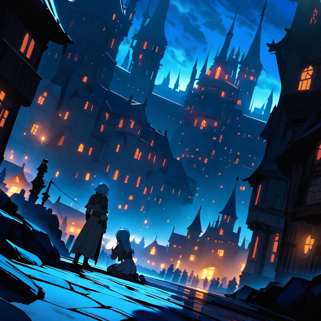
{{cowgirl shot, dutch angle, female focus}} {{Artist: Sincos}}

Overlooking the enchanted blue tone small village 

In the foreground night time, two figures with black outlines are closely situated: Lyra and Jack. Lyra is kneeling with her head slightly bowed, while Jack lies on his back with his head resting gently on her knees. They face a grand, fantasy medieval small village in the distance, which has a distinctive blue concrete look. The village, brightly lit and expansive, dwarfs the small, closely positioned figures of Lyra and Jack. The focus is on the massive, fantastical medieval village with its unique blue concrete appearance.