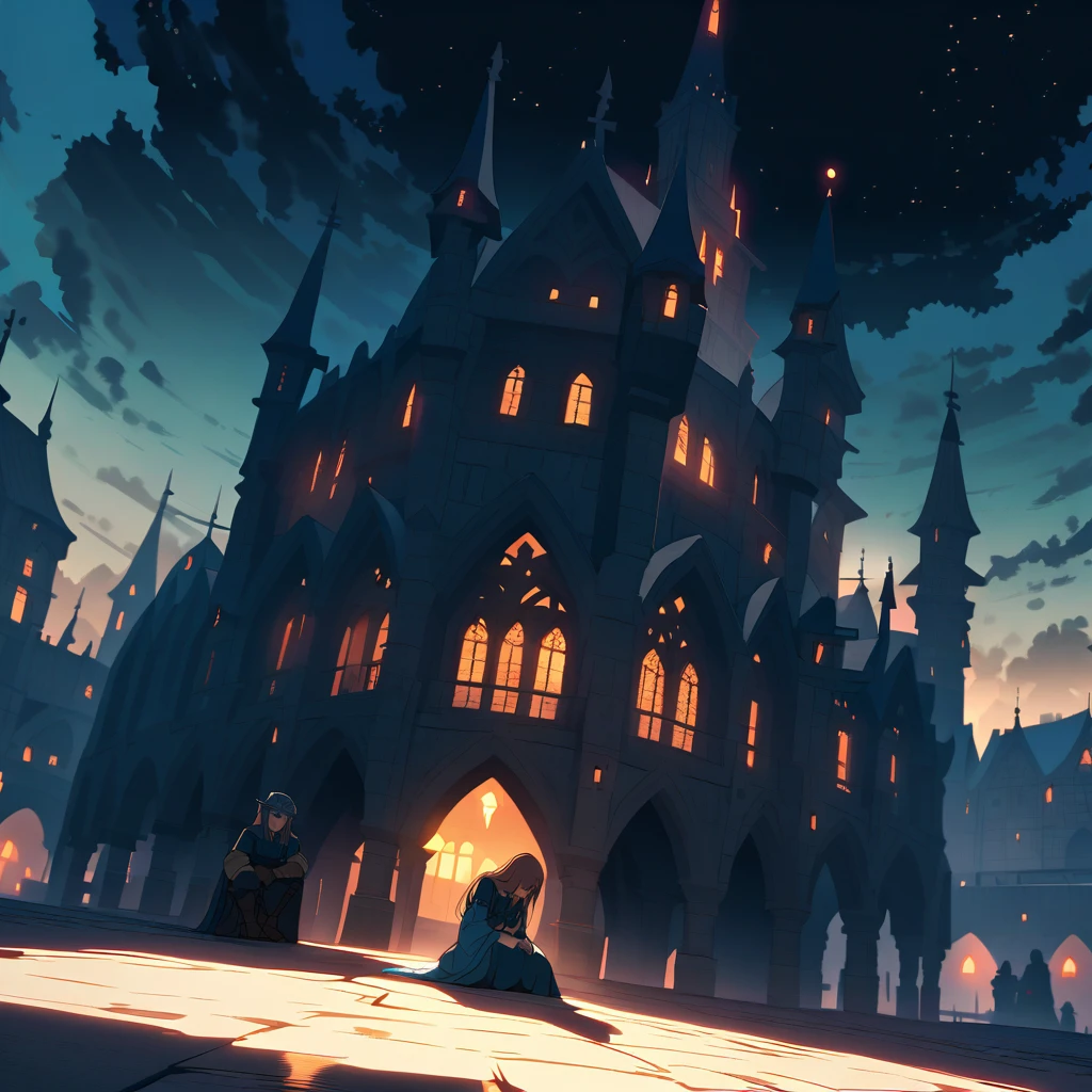 {{cowgirl shot, dutch angle, female focus}} {{Artist: Sincos}}
Overlooking the enchanted blue tone small village
In the foreground night time, two figures with black outlines are closely situated: Lyra and Jack. Lyra is kneeling with her head slightly bowed, while Jack lies on his back with his head resting gently on her knees. They face a grand, fantasy medieval small village in the distance, which has a distinctive blue concrete look. The village, brightly lit and expansive, dwarfs the small, closely positioned figures of Lyra and Jack. The focus is on the massive, fantastical medieval village with its unique blue concrete appearance.
