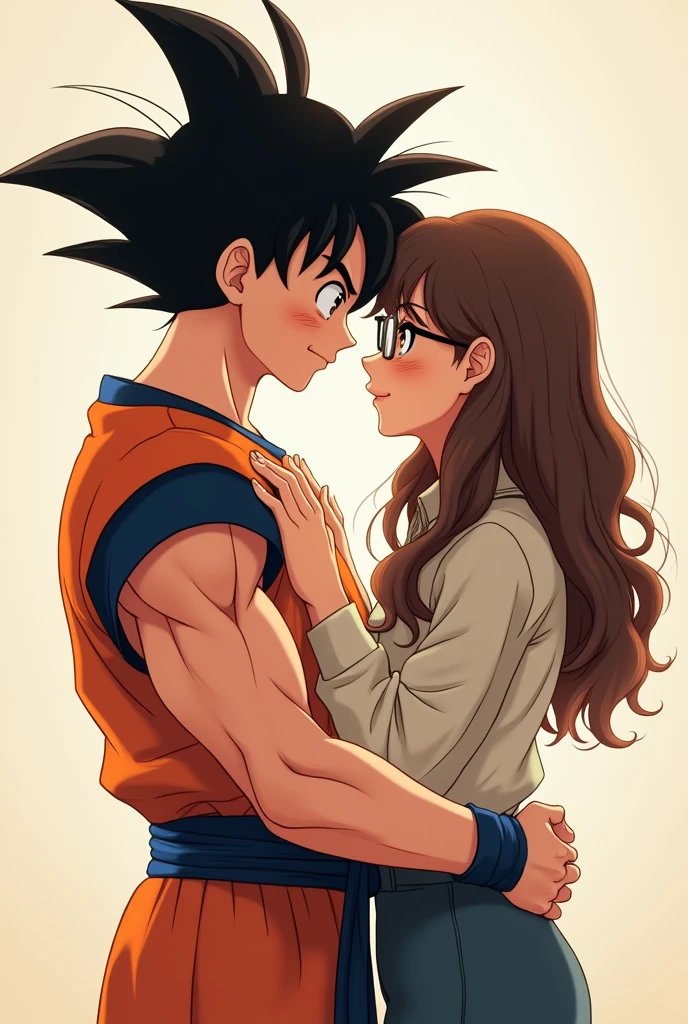 anime style, Goku hugging a girl with wavy brown hair at waist level, Brown eyes, with black lenses, It reaches the height under Goku's chin, looking at each other Toriyama style