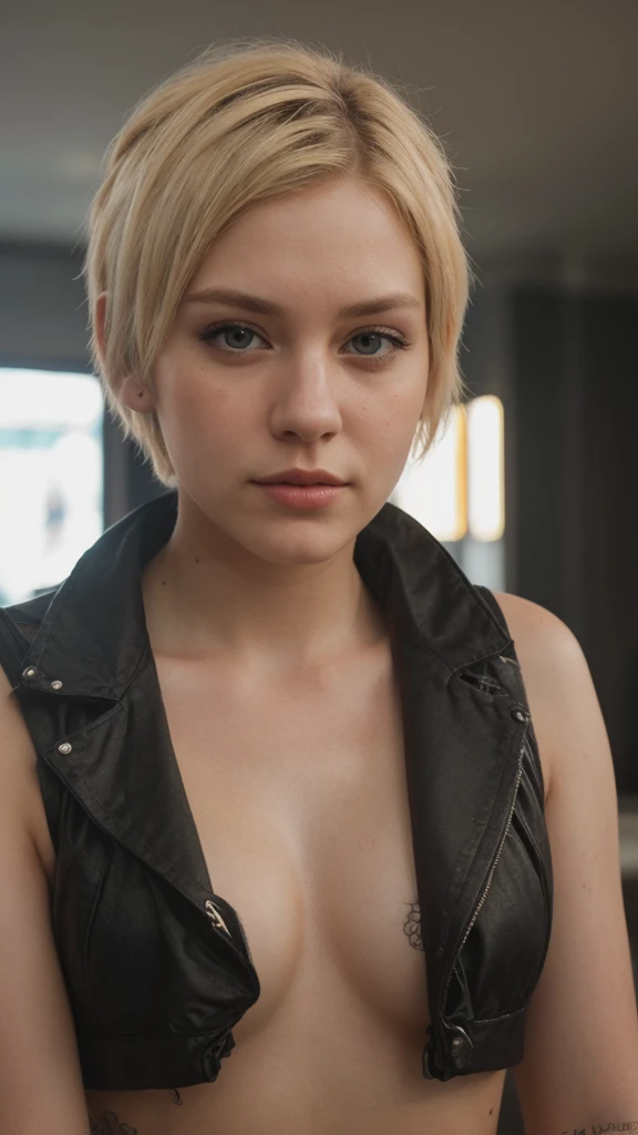 a punk beautiful young woman with short blonde hair, going to the mall, detailed face, photorealistic, ultra-detailed, 8k, realistic, masterpiece, studio lighting, vibrant colors, warm lighting