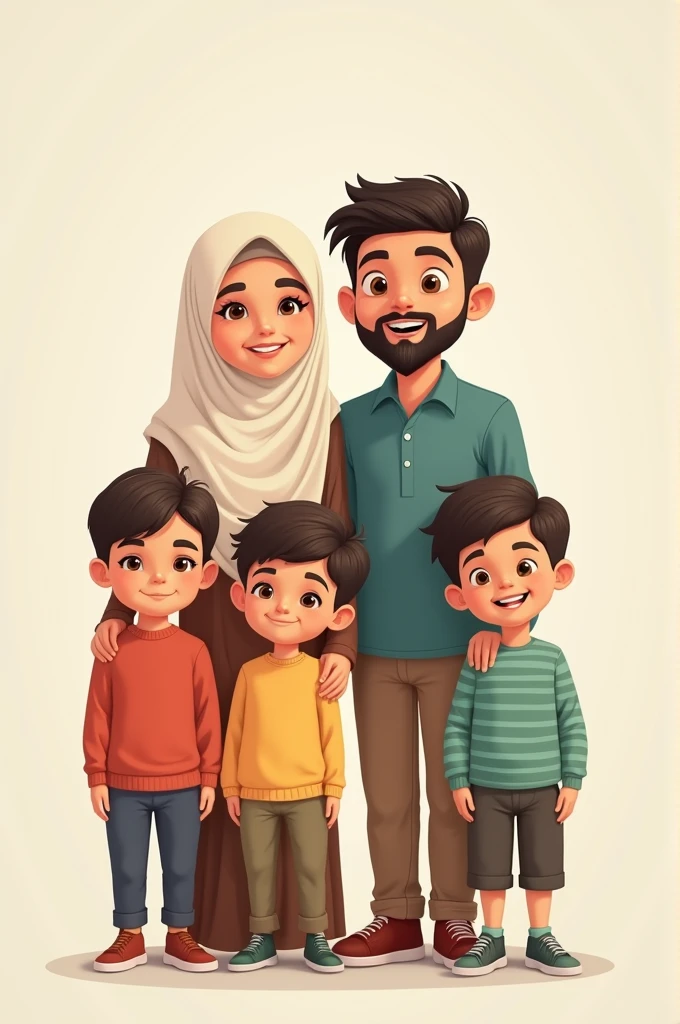 ((best quality)), ((masterpiece)), (detailed), cute cartoon An asian muslim family consisting of a father and mother with their three sons. Two toddlers and a . The first son is 7 yeare second son is 5 years old, anrd son is a 4-month-old baby.