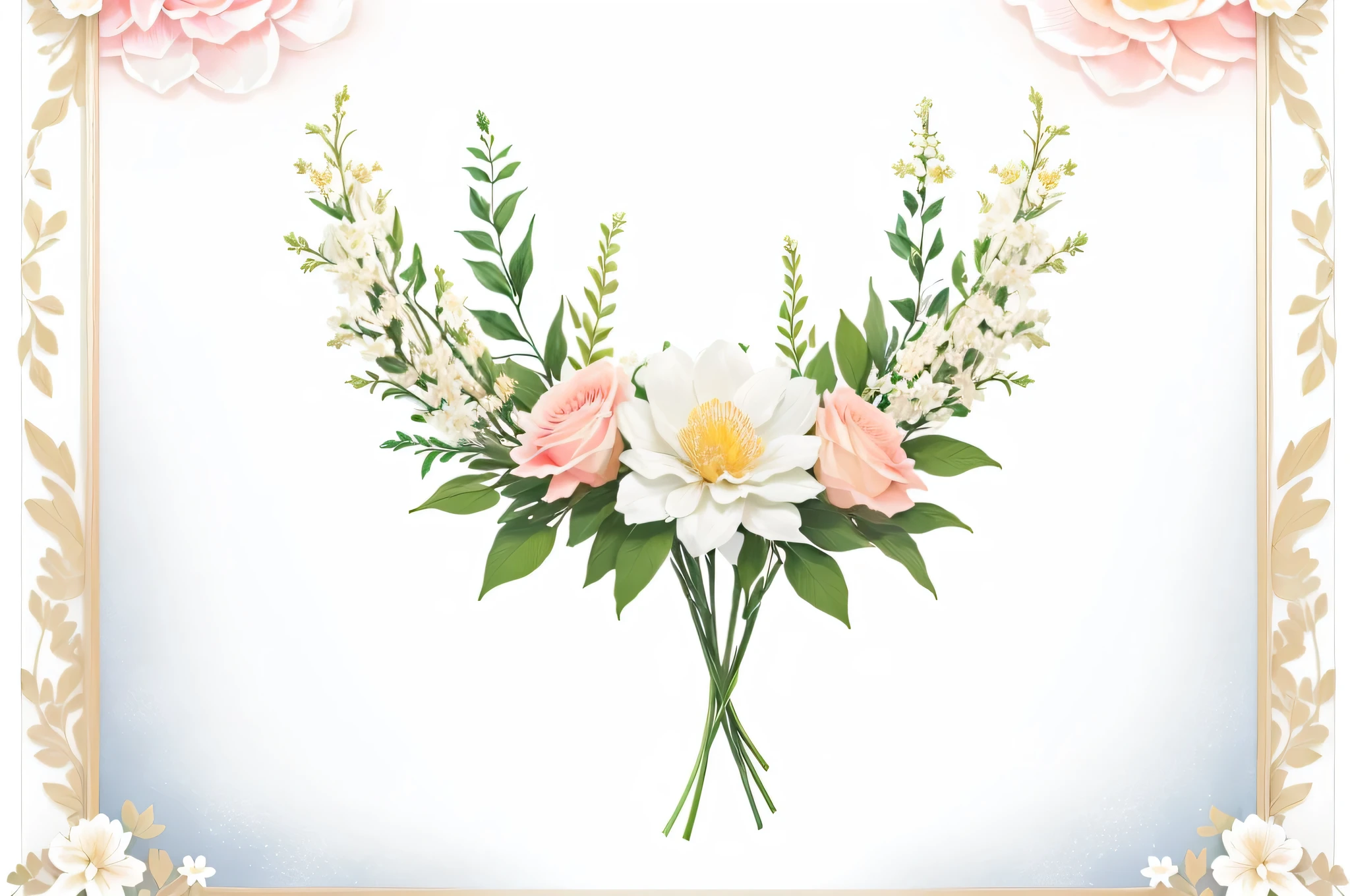 It has a floral border with flowers and leaves., flower background, Floral frame, background(solid), background natural flower, pastel flowery background, Wide Scene, floral background, fine background proportionate, Flower Environment, white border and background, surrounded flower, No text, plain background, background is white, White border, Colorful flowers and plants