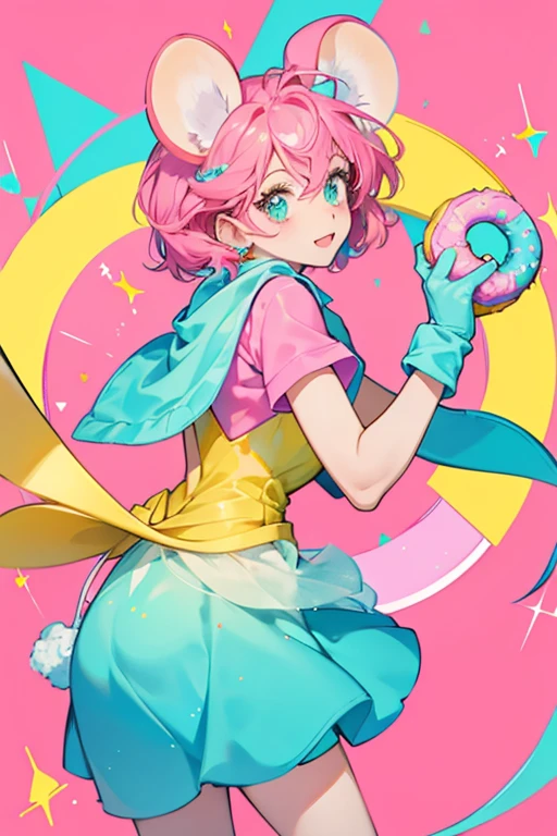 Fry is a turquoise GIRL donut-shaped mouse with a PINK and paws, fuchsia ears, a yellow tail, and pink circular and yellow sprinkles. SPARKLE; GLITTER