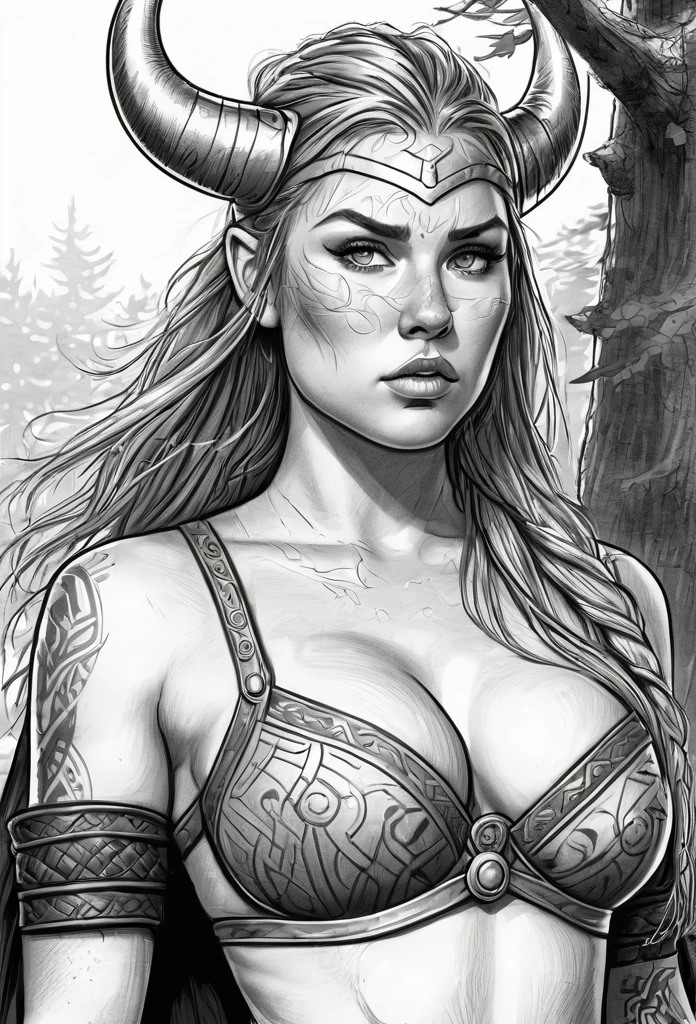  pencil sketch of a Viking character with scars of war, erotic image of a naked Viking woman, cartoon art style, digital illustration style, highly detailed character design, courage detailed digital art, Forest fan art, Portrait Character Design, beautiful digital illustration, high-quality portrait, comic book art, young woman with beautiful hair, Beautiful outlined eyes, exposed Medium large bust and erotic sensual posture. expression of sexual desire image, full body illustration