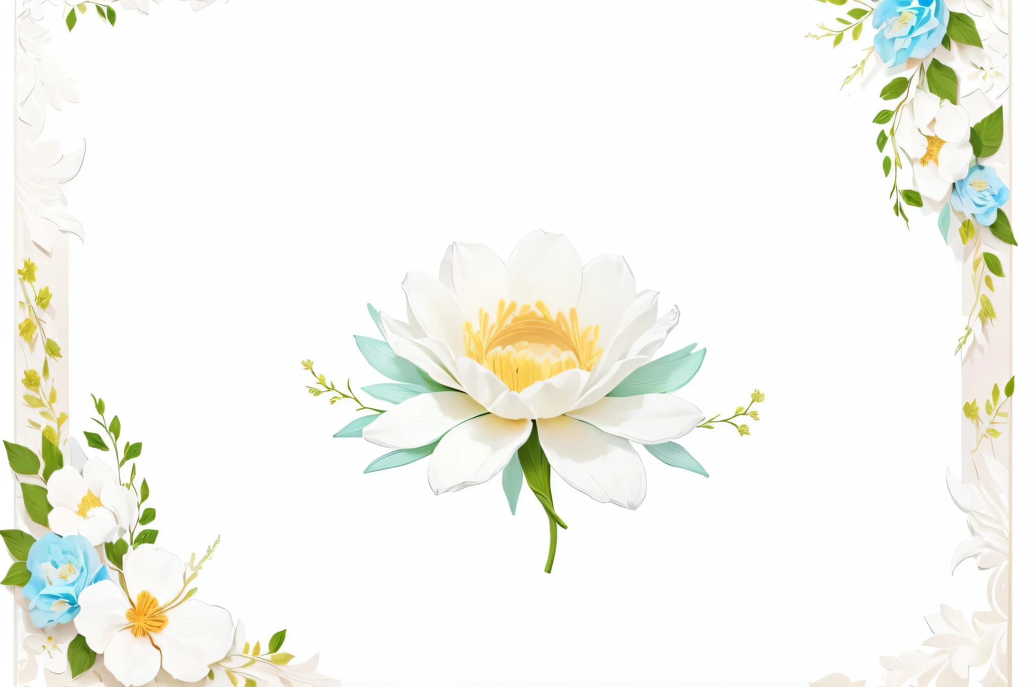 It has a floral border with flowers and leaves., flower background, Floral frame, background(solid), background natural flower, pastel flowery background, Wide Scene, floral background, fine background proportionate, Flower Environment, white border and background, surrounded flower, No text, plain background, background is white, White border, Colorful flowers and plants