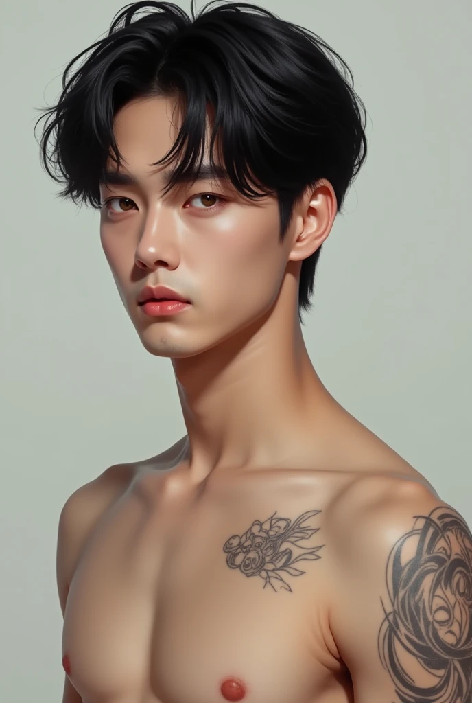 South Korean man brown eyes black hair shoulder length tattoo naked  com o rosto do jeongkook do bts