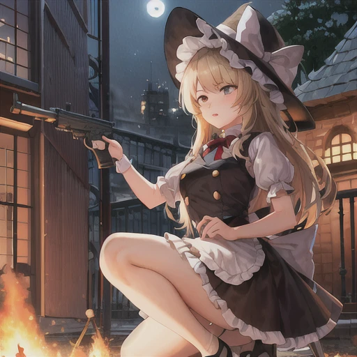 score_6_superior, Official Art, masterpiece, Absurd, Attention to detail, 8k, night, battlefield, fire, cigarette, Broken Building, On one knee, aim, Possession of a gun, rifle, Expressionless、Marisa Kirisame