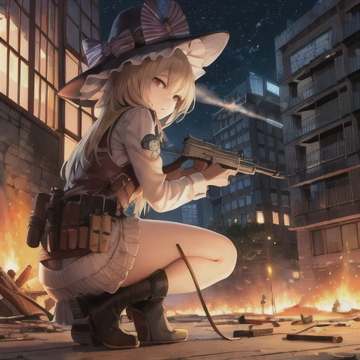 score_6_superior, Official Art, masterpiece, Absurd, Attention to detail, 8k, night, battlefield, fire, cigarette, Broken Building, On one knee, aim, Possession of a gun, rifle, Expressionless、Marisa Kirisame