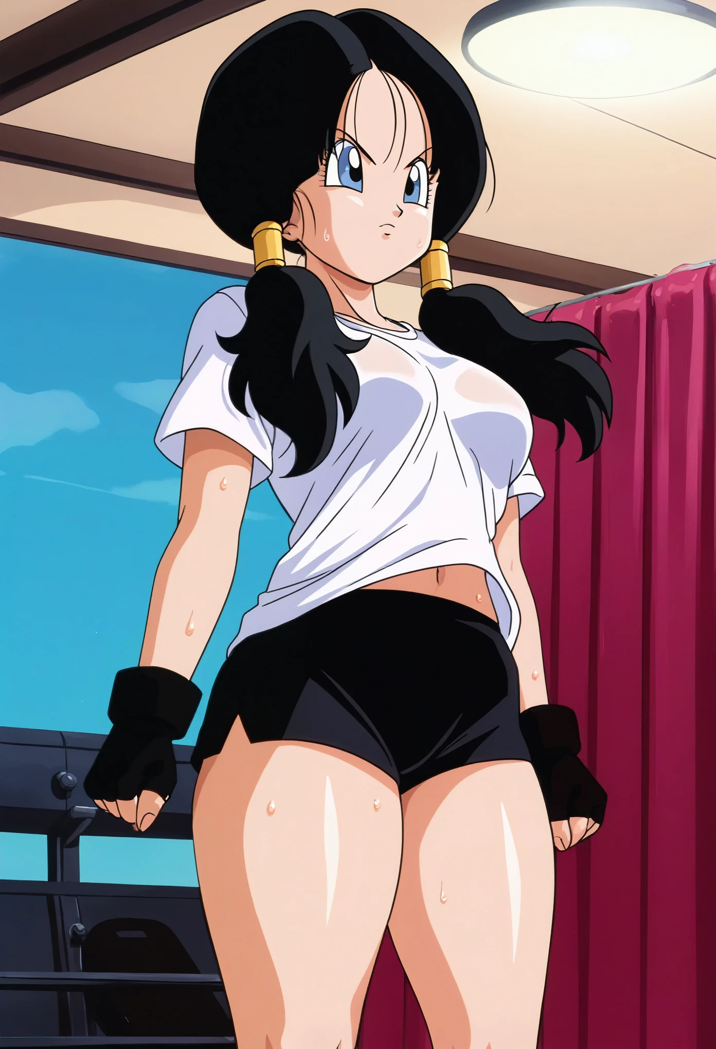 source_anime, score_9, score_8_up, score_7_up, anime screencap,
videldbz, 1girl, solo, long hair, blue eyes, black hair, ponytails, (underboob), (shirt up), thick thighs, white shirt, contryside, fingerless gloves, black shorts, sweat, (gym), underboob