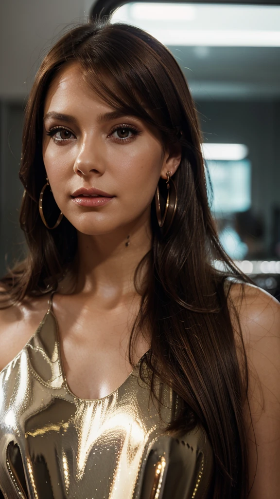 A stunning and sophisticated businesswoman, brown hair, straight hair, flipped hair, medium hair, shiny hair, wide-eyed, makeup, earrings, modern, reflection light, cinematic lighting, UHD, best quality