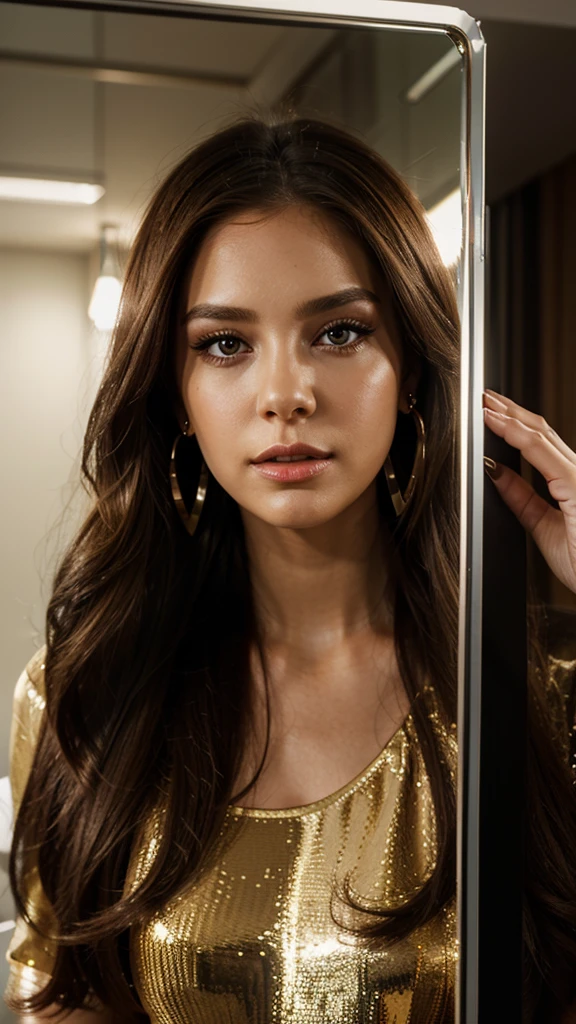 A stunning and sophisticated businesswoman, brown hair, straight hair, flipped hair, medium hair, shiny hair, wide-eyed, makeup, earrings, modern, reflection light, cinematic lighting, UHD, best quality
