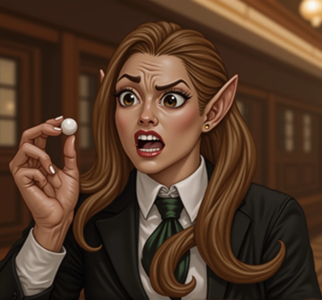 detailed sexy androgynous alien woman with long pointy ears, holding a small white pearl in her hand, squinting at the pearl with her mouth open, perfect teeth, long detailed hair, confused expression, wearing suit and tie, big breasts, cleavage, green skin tone, solid black eyes