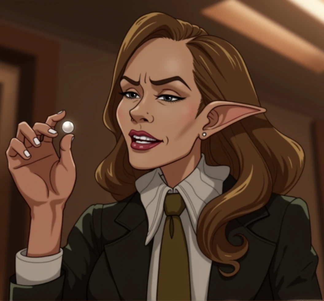 detailed sexy androgynous alien woman with long pointy ears, holding a small white pearl in her hand, squinting at the pearl with her mouth open, perfect teeth, long detailed hair, confused expression, wearing suit and tie, big breasts, cleavage, green skin tone, solid black eyes