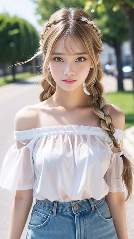 Sexy cute looks and cute 15 year old beautiful girl, Beautiful and sexy face、A strong wind blows my hair in front of my face、Blonde French braids with cute and sexy eyes hidden by long bangs、Off-the-shoulder T-shirt、Tulle mile
