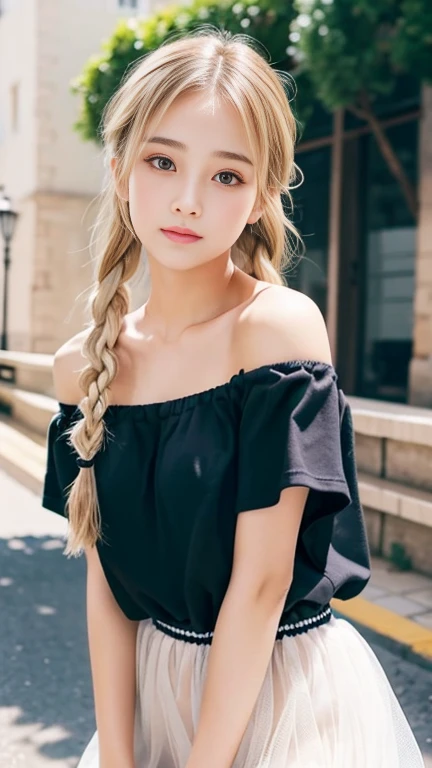 Sexy cute looks and cute 15 year old beautiful girl, Beautiful and sexy face、A strong wind blows my hair in front of my face、Blonde French braids with cute and sexy eyes hidden by long bangs、Off-the-shoulder T-shirt、Tulle mile