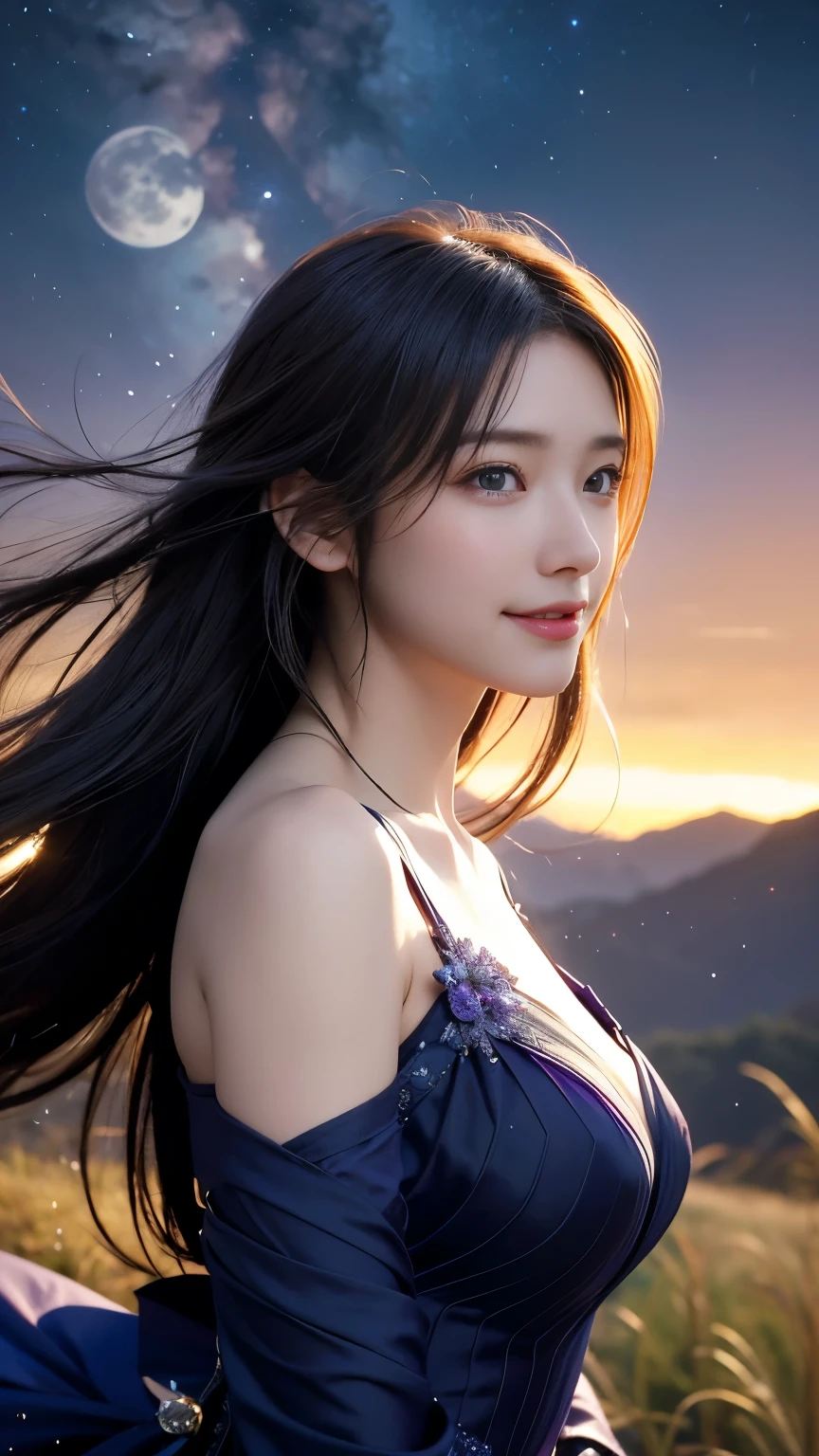 (logo、masterpiece、8k、Tabletop、RAW Photos、wonderful、最high quality、フォトリアルでVery detailedなCG合成8k壁紙、high quality、Very detailed、Narrative poem、Particle Effects、Dynamic Effects、Depth of the Boundary)What is written is、Cinematic Light、Lens flare、Ray Tracing)、Fantasy、(Purple Dress)、(night、night空、Starry Sky、full moon)、(Girl looking up at the sky)、sit、cute、Japanese style、 (smile)、Long Hair、Strong winds、(Hair blowing in the wind)、Natural light、moonlight、(Horizontal photography)、(chest emphasis)、(Low position)、(Low - Angle)